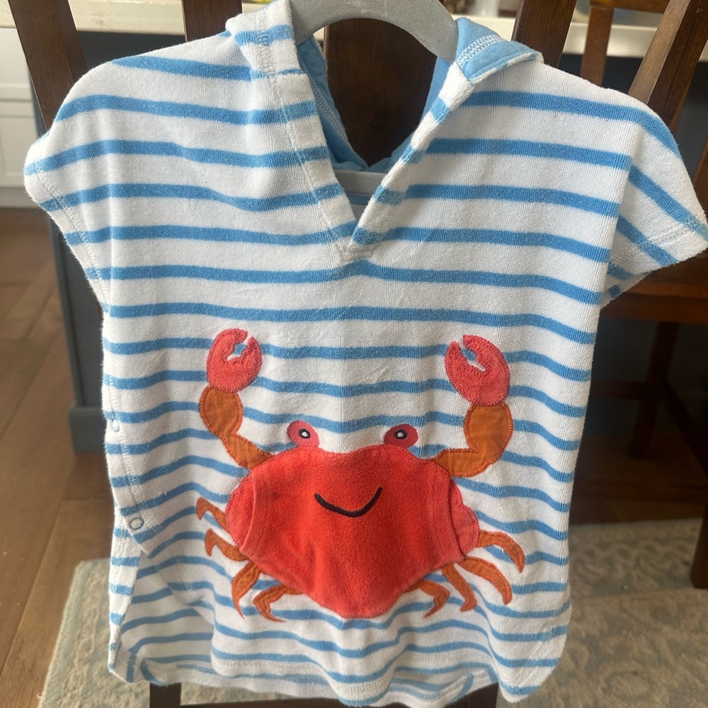 BabyBoden Hooded Towel Poncho – 18–24M – Crab – Blue & White Stripes
